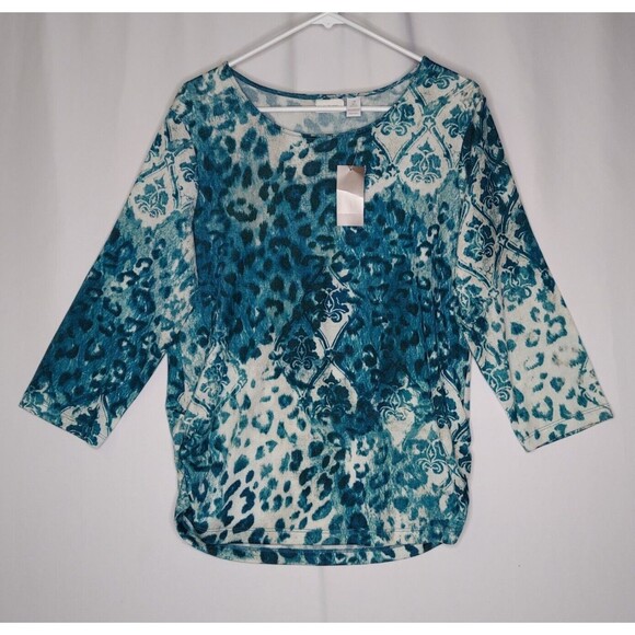 Chico's Tops - Chicos Top Womens Medium 2 Teal Blue Animal Ruched Stretch Knit 3/4 Scoop‎ Neck